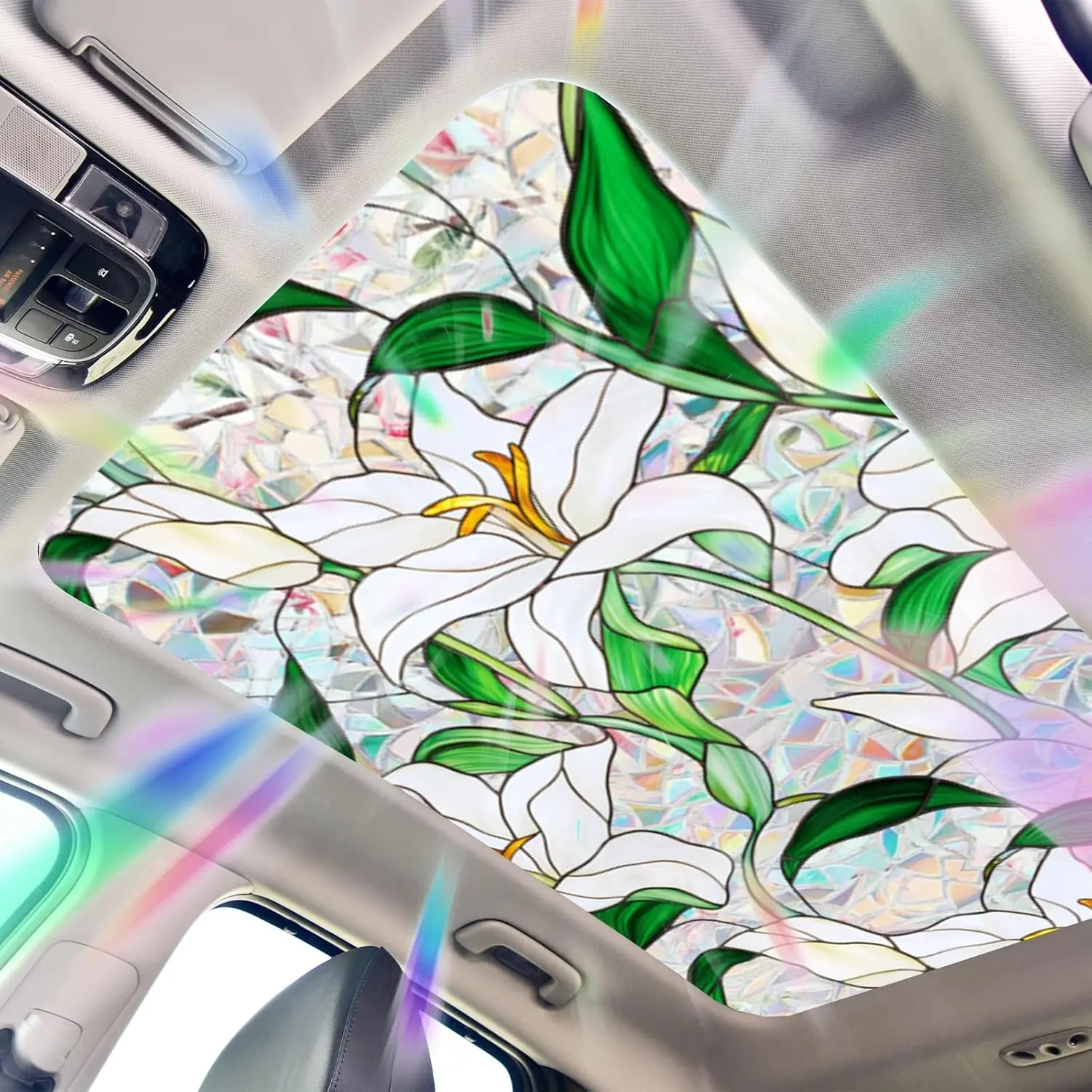 Window Privacy Film Lily White Flowers Stained Glass Window Film, Sun Protection Decals for Car Moonroof, Static Cling Rainbow Sticker Covering for Wedding Home Door (16.93 x 39.37inch)