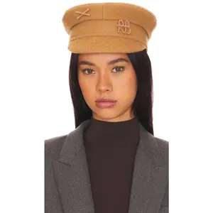 Ruslan Baginskiy Monogram Embellished Baker Boy Cap in Beige