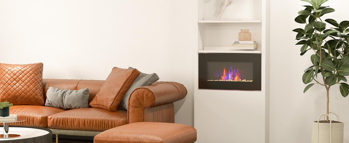 HOMCOM 1500W Electric Wall-Mounted Fireplace with Flame Effect, 7 Color Background Light, Black HOMCOM 1500W Electric Wall-Mounted Fireplace with Flame Effect, 7 Color Background Light, Black