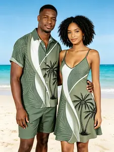 DRESSLILY 2025 Casual Couple Set, Women's Colorblock Coconut Tree Leaf Print Spaghetti Strap Summer Maxi Vacation Dress & Men's Roll-Up Sleeve Shirt Matching Outfit tiktokshopspringglowup