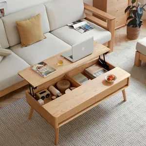SummerVibes Solid Oak Wood Elevating Center Table, 120 x 65 x 45 cm Natural Color Low Coffee Table with Storage Shelf, Multi-Purpose Study Desk for Work From Home, Easy To Assemble Indoor Home Living Room Furniture