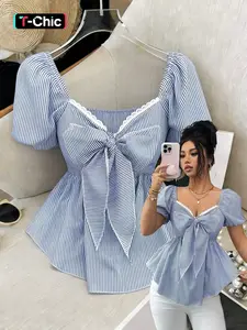 New French Style Blue Striped Fashion Pure Desire Design Square Heart Neck Tie Waist Slimming A-Line Bubble Sleeve Shirt Blouse for Women