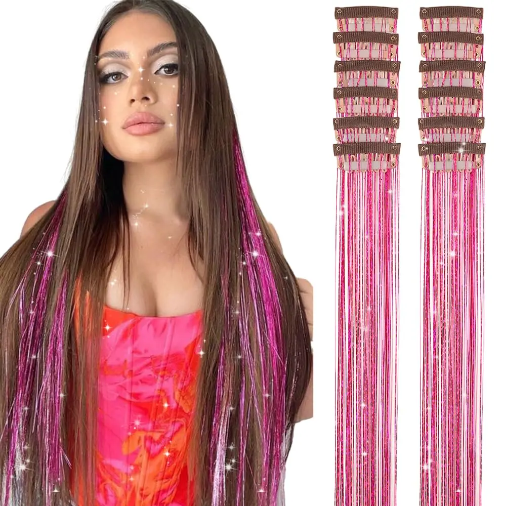 Hair Tinsel Pack Of 12 Clip In 20 Inch Glitter Rose Red Extensions  Festival Fairy Extension Party Dazzle Accessories Strands Kit (12pcs Red#)