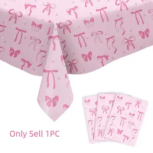 1pc Pink Bow Pattern Tablecloth, PE Material Tablecloth, Water Proof, Pink First Birthday Decor, Wedding Supplies, Bow Birthday Decor, Bridal Shower Favor, Pink Bow Birthday Party Supplies, Birthday Party Decor, Pink Bow Decor, Table Decorations