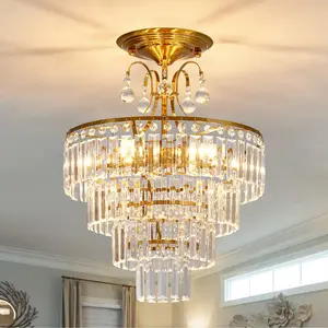 Modern K9 Gold Crystal Ceiling Light, Dimmable Rust-Proof 15.3-Inch E12 Crystal Ceiling Light for Living Room/Bedroom/Kitchen Island