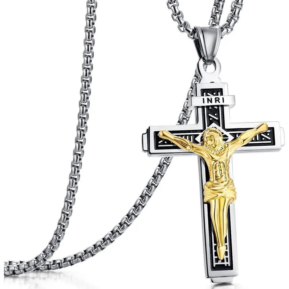 Christ on INRI Crucifix Cross Large Pendant Necklace for Teens Womens Mens with 24 Inch Stainless Steel Chain