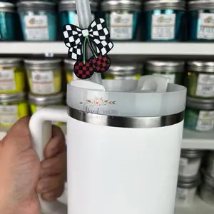 Cherry with Bow Straw Topper – Retro Checker 3D Printed Tumbler Accessory
