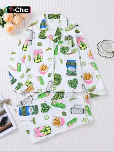 Women's Cucumber Print Pajama Set, Long Sleeve Shirt Collar Button Soft Top & Elastic Pants, Casual Home Wear Sleepwear