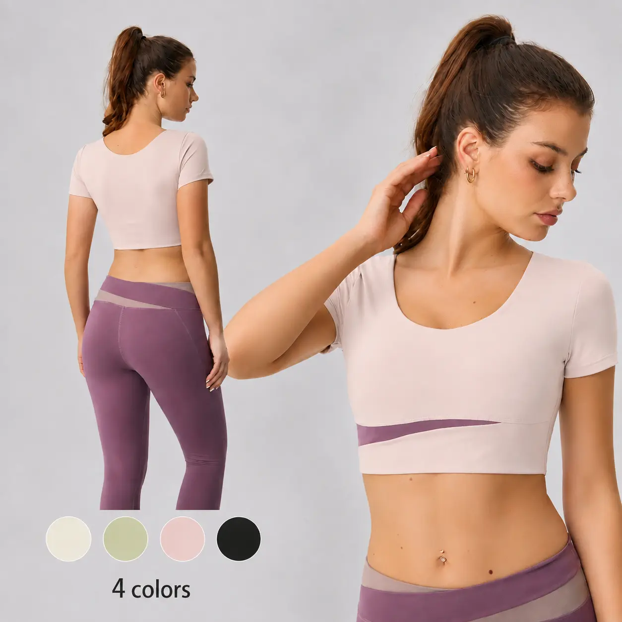 Women's Workout Crop Tops, Color Block Short Sleeve Athletic Shirt with Stretch Fabric, Fitted Activewear Top for Yoga Gym Pilates Fitness