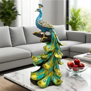 Hand-Painted Resin Peacock Figurine, Lifelike Home Decor Ornament, Vibrant Colors, Perfect Gift for Living Room Bedroom Office Garden