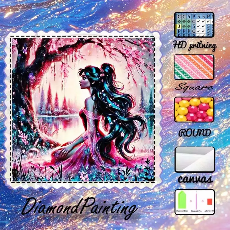 DIY 5D velvet fabric diamond painting handmade kit, AB diamonds, fairy dust diamonds, crystal diamonds for girls, trees, lakes, diamond embroidery, special craft diamond art kit, wall decoration, gifts for family, loved ones, and friends, Handicraft