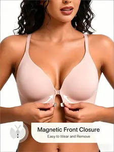 Front Clasp Seamless Racerback Bra, Push-Up Wireless Comfort Casual Everyday Bra, No Underwire, Medium Support, Slip-Resistant Straps, All Seasons