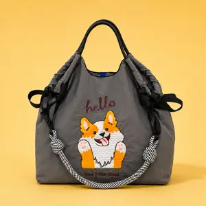 Oversized Corgi Canvas Shoulder Bag - Multi-Functional Crossbody Travel Tote