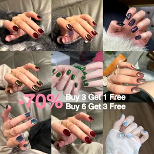 Imayhoo Cat's Eye Press-On Nails Kit Handmade Acrylic Nails Short Square Fake Nails 10PCS  French Style Amlond Soft Gel Nails For Women&Girls DIY Nail Art