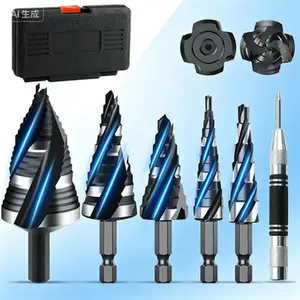 Multi-Purpose Step Drill Bit Set, 6-Piece HSS Unibit with Center Punch, Four-Flute Design (1/8"-1-3/8"), 1/4" & 3/8" Shank for Metal, Wood, Plastic Drilling, Reusable Twist Drill Kit for Stainless Steel, Copper, Aluminum