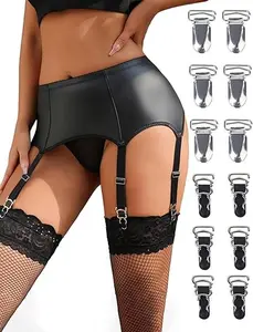 Womens Faux Leather Garter Belt with 6 Strap Metal Clip Sexy Suspender Sets for Thigh Highs with G-String Thongs