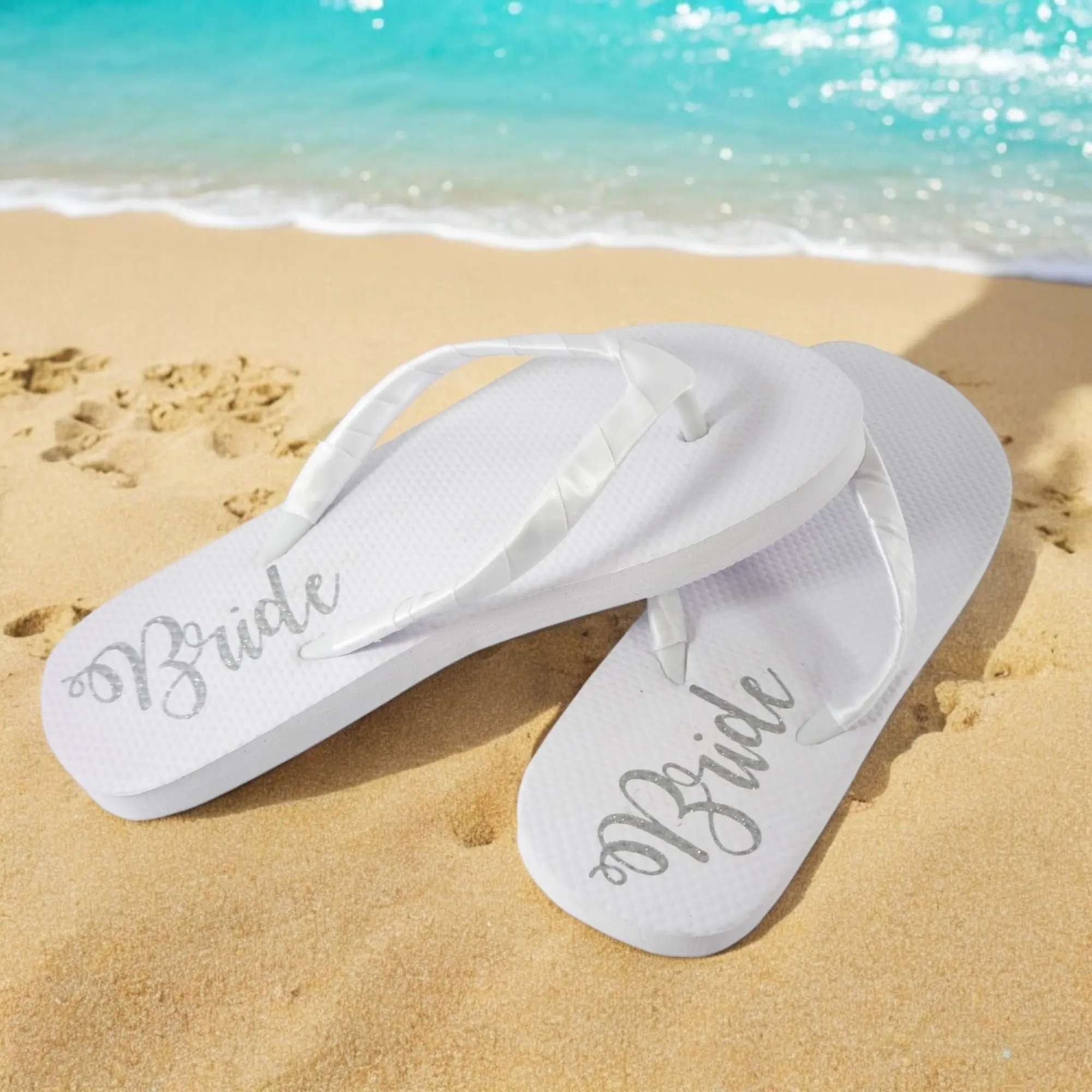 Bride Flip Flops with White Satin Wrapped Straps & Silver Lettering on the Sole for Beach Destination Wedding Flipflop