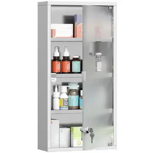 HOMCOM Wall Mounted Medicine Cabinet, Locking Wall Cabinet with 4 Tier Shelves, Stainless Steel Frame and Glass Door, Lockable with 2 Keys, Silver, 12" x 24"