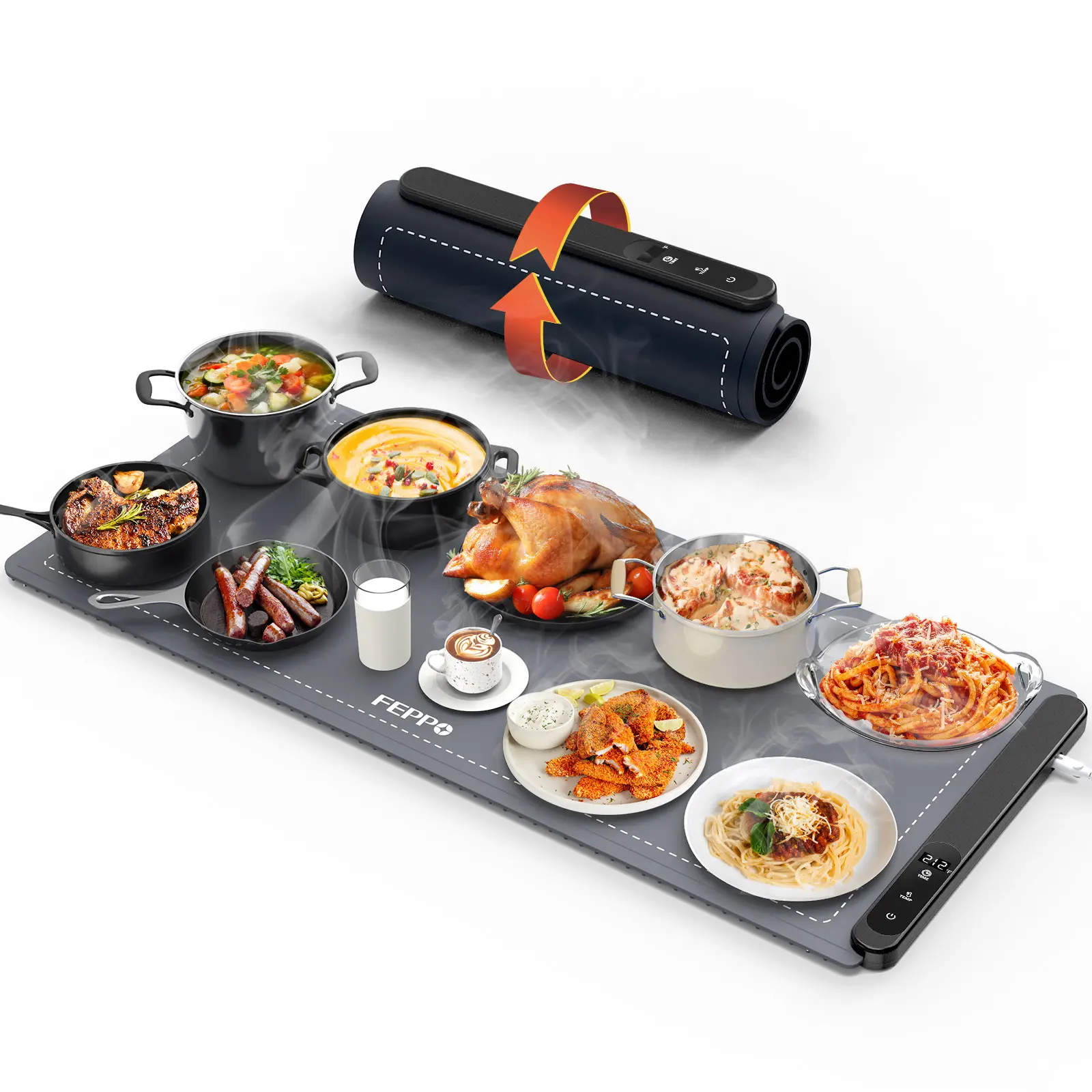 FEPPO Silicone Rectangular Roll-Up Food Warming Mat (XXL 35in x 16in) - Electric Buffet Tray for Family, Holidays, Party Use with 19-Level Adjustable Temperature, 6-Hour Timer, Fast Full-Surface Heating