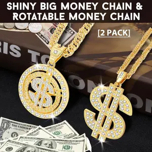 2PCS Money Chain Fake Gold Necklace: Big Money Dollar Sign Gold Chains Halloween Costume - Men Rapper Digger Hip Hop 70s 80s 90s Costume Accessories
