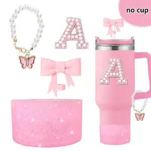 Letter Pattern Silicone Straw Cover & Sticker & Bow Charm & Silicone Boot Set, Pastel Color Drinkware Accessories for Women, Gift for Girls, Tumbler Straw Lid