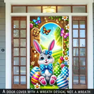 Large Easter Bunny and Egg Door Curtain, Spring Theme Hanging Decoration, Cute Rabbit Design, Easy to Hang Fabric, Perfect for Parties