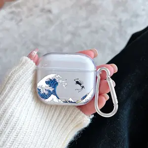 Koi Leaps Wave Pattern Protective Case for AirPods 4/3/2/1/Pro/Pro2 Soft TPU Earphone Cover, Transparent with Keychain