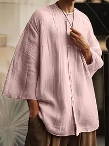 INCERUN Men's Plain Solid Texture 7/8 Sleeve Shirt, Summer Casual Wear, Comfortable Daily, Perfect for Warm Weather Top