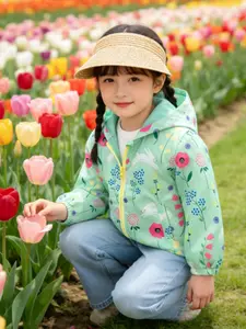 Girls' Printed Hooded Jacket With Pockets, Lightweight Comfortable Twin-Layer Fabric, Zipper, Side Pockets, Elastic Sleeves, Spring Outdoor Wear