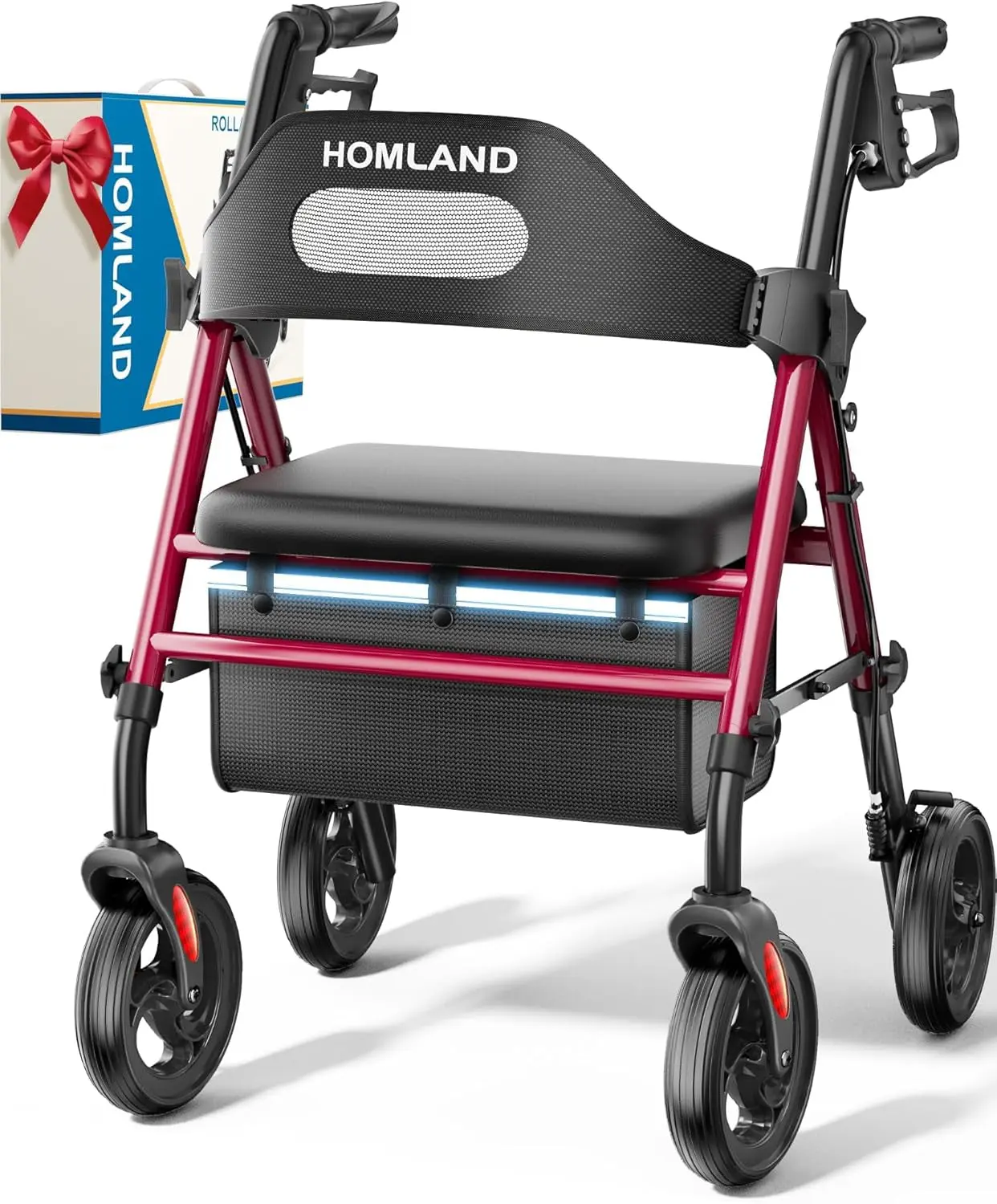 Foldable Rollator Walker for Seniors with 16" Enlarged Seat, 350 Lb Sturdy Frame, 16"×12" 1.9" Thick Seat, 8" Big Wheels, Adjustable Height, Tool-Free Assembly, All-Terrain Mobility Aid Wheelchair Equipment Healthcare Hand