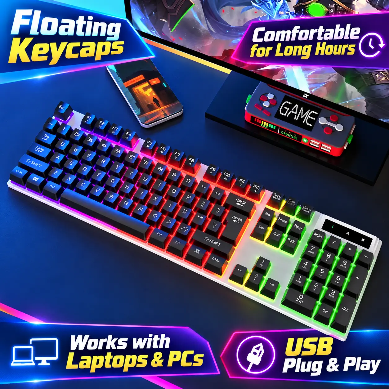 RGB Wired Gaming Keyboard with Mouse Pad, 104 Keys Full Size Backlit Computer Keyboard with Numeric Keypad, 26-Key Anti-Ghosting, Mechanical-Style Feel, 3 Lighting Modes, Spill Resistant, Plug and Play USB for PC Laptop Windows Mac Home Office