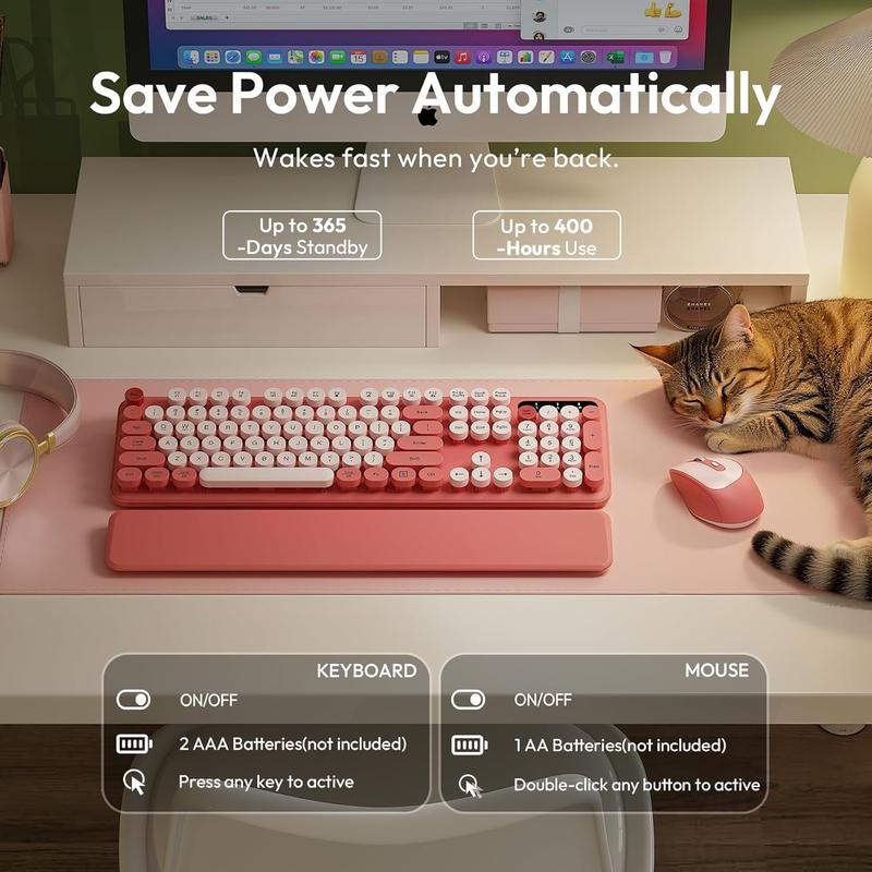 Wireless Keyboard and Mouse Combo, Typewriter Keyboard with Detachable Wrist Rest, Full-Size Retro round Keycaps, Smart-Sleep, 2.4Ghz Stable Connection for Mac/Windows/Pc, Trueque(Blush Pink)