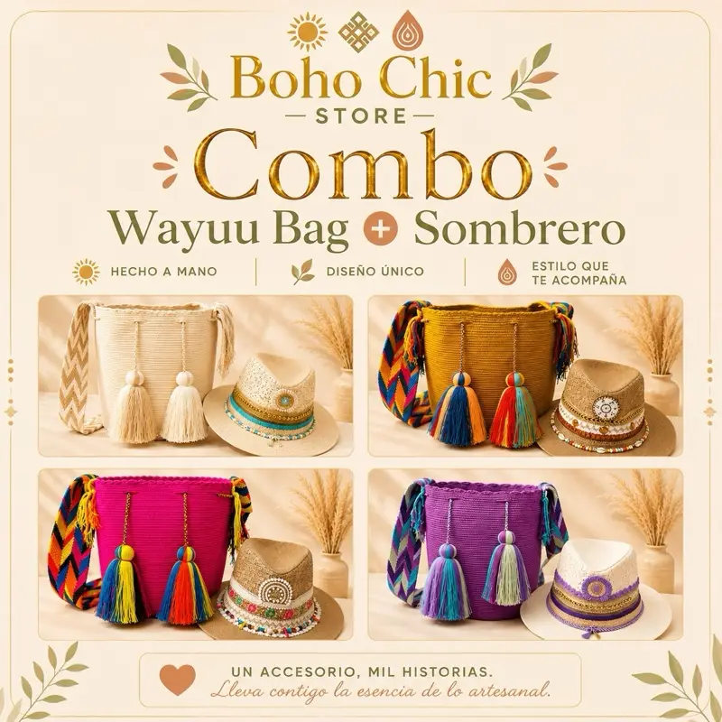 Combo wayuu Bag+Hat / Handwoven Unicolor Wayuu Handbag, 11x11in, Polyester-PU-Cotton Material, sintetic hat ajustable