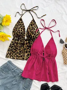 Fashion Sexy Women's Backless Tank Top Set, Leopard Print Halter Tie Design, Trendy Sensual Vest, Perfect for Vacation, Date, Travel, Commute