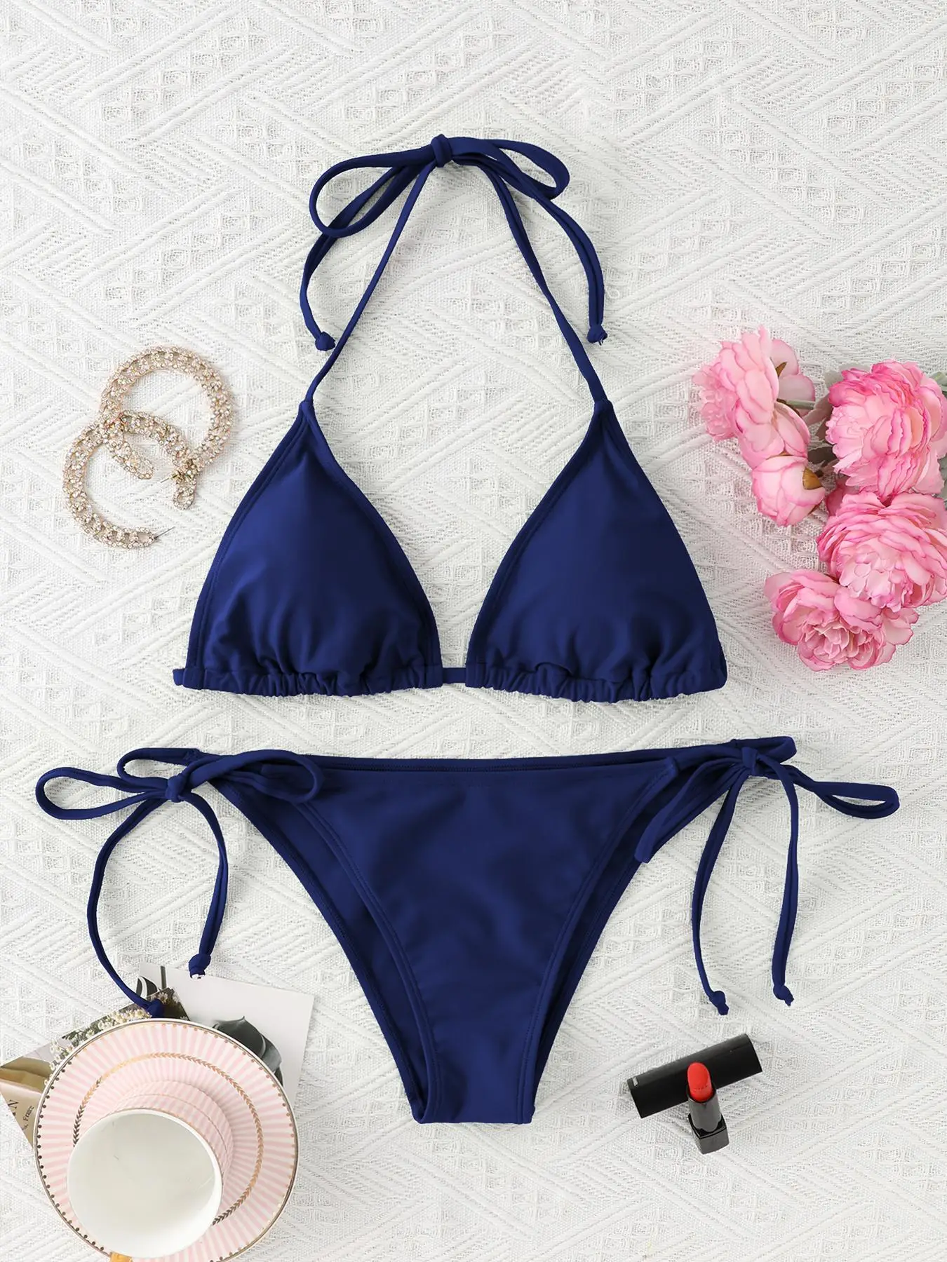 Women's Solid Bikinis Set, Tie Back Halter Triangle Swim Top & Tie Side Swim Bottom, Ladies Summer Swimwear for Beach Holiday Vacation