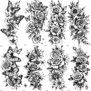 8 Sheets Temporary Tattoo Stickers, Butterfly & Rose Design, Waterproof Sweatproof Body Art Tattoos for Women Adults, Body Fake Tattoos