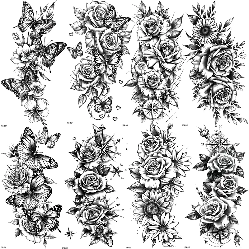 8 Sheets Temporary Tattoo Stickers, Butterfly & Rose Design, Waterproof Sweatproof Body Art Tattoos for Women Adults, Body Fake Tattoos, Ephemeral Tattoos