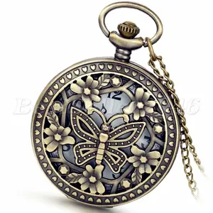 Vintage Hollow Butterfly Quartz Pocket Watch Necklace Pendant Chain Womens Gift