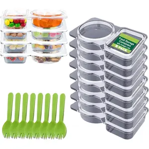 8 Sets Double Compartment Condiment Container with Lids, Mini Plastic Snack Containers with Spoons, BPA Free | Microwave Safe | Leakproof Food Storage, To Go Food Containers, Take Out Sauce Container