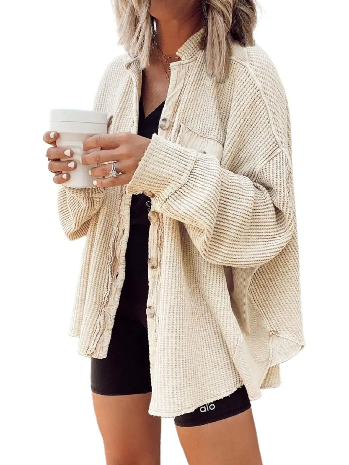 Loveimgs Women's Casual Waffle Knit Shirt Jacket, Oversized Button Up Shacket for Fall