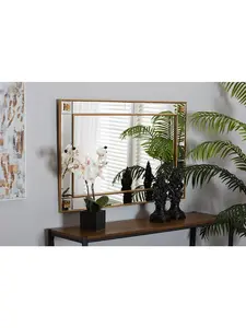 212 MAIN Iara Modern Glam Wooden Accent Wall Mirror - 28x1.13x42 in, Antique Goldleaf Finish, Floral Embellishments, Geometric Wood Frame, Subtle Opulence Baby Decor Piece