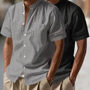 2-pack men’s linen stand collar casual single-button shirt with chest pocket, blended fabric short sleeves, breathable lightweight summer top suitable for beach vacations and everyday casual wear