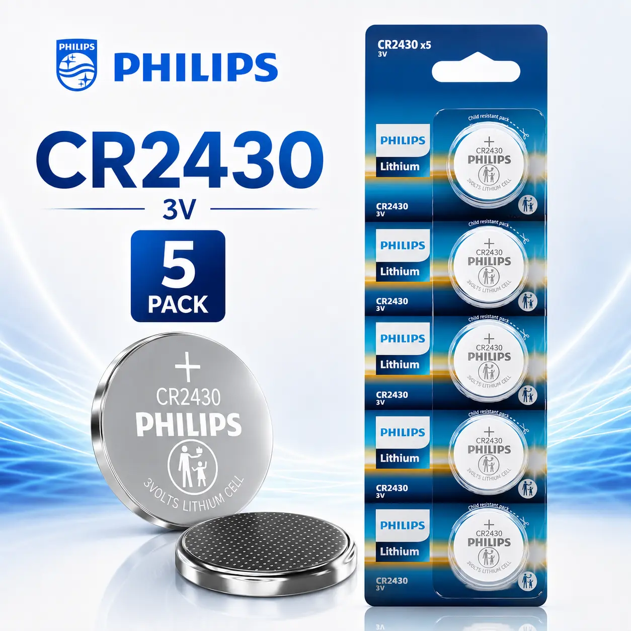 PHILIPS CR2430 3V Lithium Coin Batteries (5-Pack) - Child-Safe Packaging, 0% Mercury, 10-Year Shelf Life for TPMS, Key Remote Control, Medical Devices, 280Mah