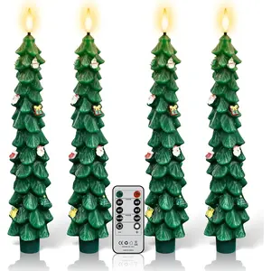 Flameless Christmas Tree Candles with Remote, 4 Pack 9.8" LED  Operated Taper Candles, Green  Sticker Flickering Candlesticks for Holiday  Decoration