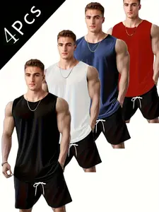 Men's Quick-Dry Sports Tank Tops, Breathable Sleeveless Gym Shirts, Running & Training Casual Wear, 4 Pack, All Seasons