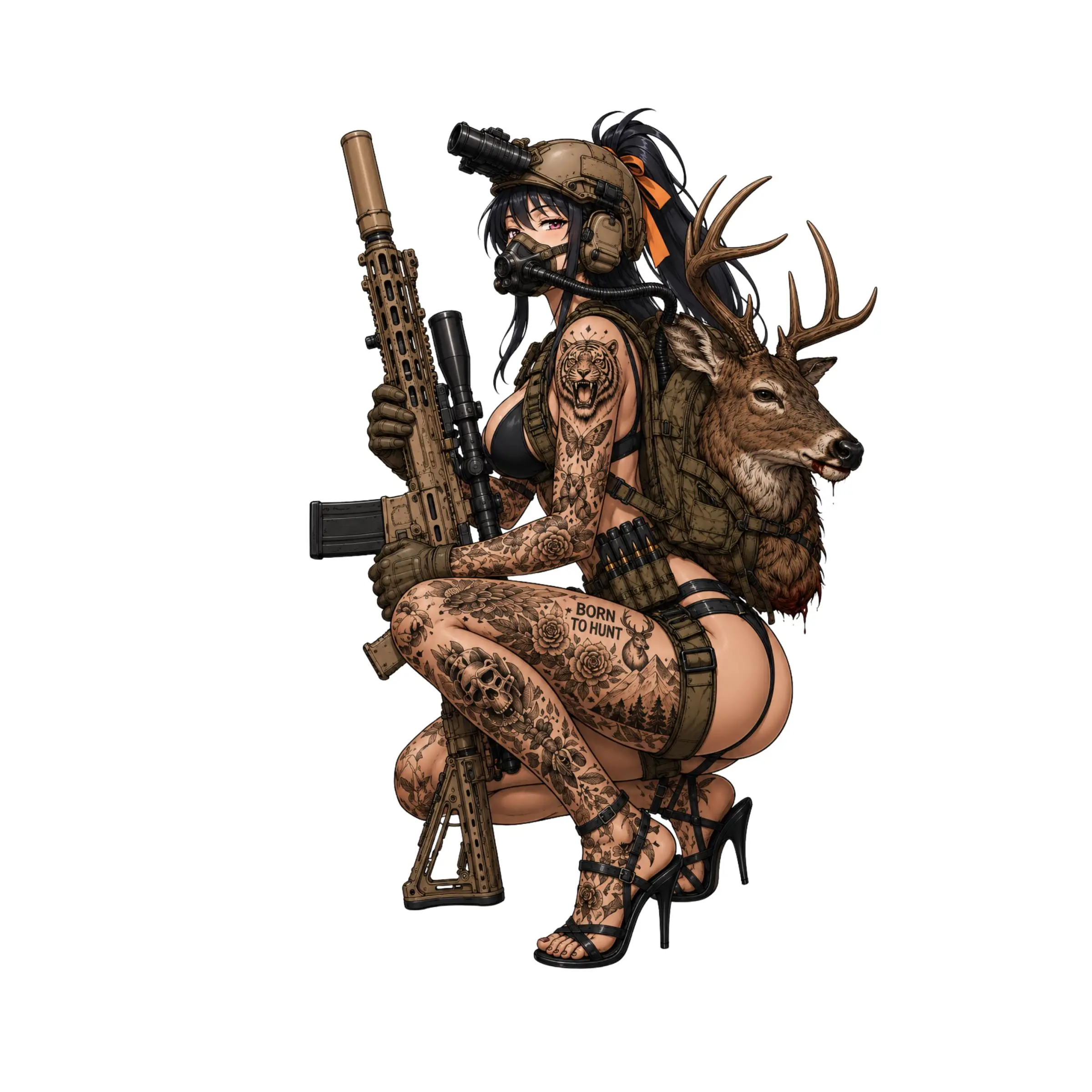 Anime Deer Hunting Girl Sticker, Tactical Huntress With Buck Backpack and Rifle, Waterproof Vinyl Decal for Truck Tumbler Laptop Hunter Gift