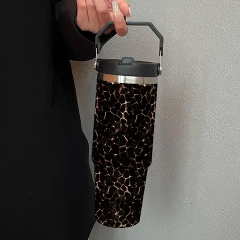 30oz Insulated Stylish Cracked Print Tumbler with Straw, Dual-Use Cold & Hot Water Bottle, Stainless Steel Drinkware, Portable Sporty Style, Ideal Gift for Sports, Outdoor, Office & Home, Leopard