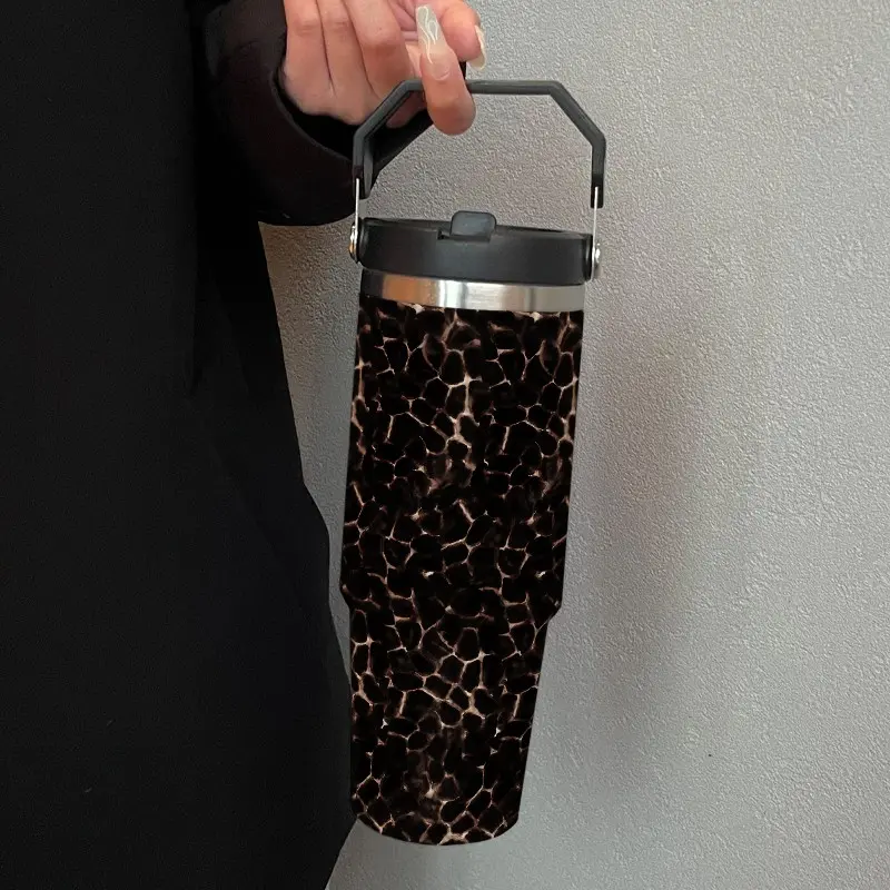 30oz Insulated Leakproof Portable Drinkware Tumbler with Straw, Thermo Tumbler, Meteor Leopard Print, Dual Use Cold Hot Water Bottle Cup, Sporty Style, Ideal Gift for Sports Outdoor Office Home
