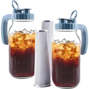Mason Jar Pitcher With Stainless Steel Filter 64 OZ 2 Pack Wide Mouth Cold Brew Coffee Maker 2 Quart Glass water pitcher with lid Half Gallon Cold hot  maker For Lemonade Milk Juice Refrigerator