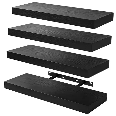 4-Pack 16-Inch Black Decorative Floating MDF Shelf Platform with Invisible Brackets - 22 lbs Max Capacity, Quick Wall Mount, Box Packaging, 16.25x5.5in Storage, Traditional Farmhouse Minimalist Home Decor for Kitchen Bedroom